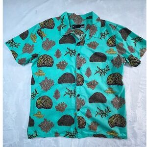 LOST Mens M Shirt Aqua Green Sea Ocean Coral Print Short Sleeve
